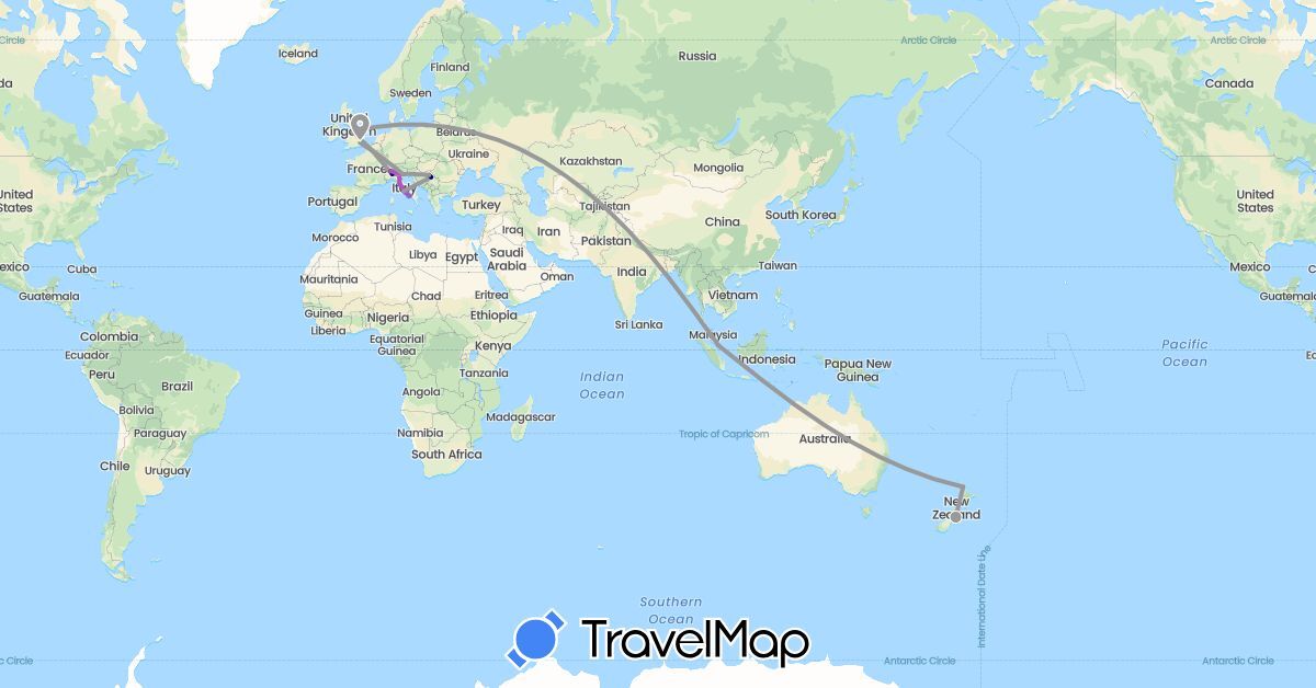 TravelMap itinerary: driving, bus, plane, train, boat in United Kingdom, Italy, New Zealand, Serbia, Singapore (Asia, Europe, Oceania)